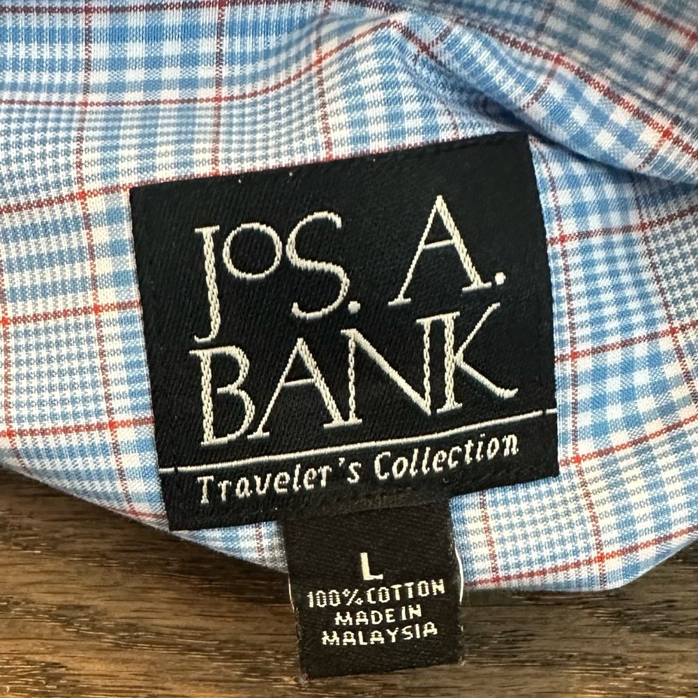 Jos. A. Bank Traveler’s Collection Plaid Dress Shirt Large Blue White Cotton - Picture 5 of 6